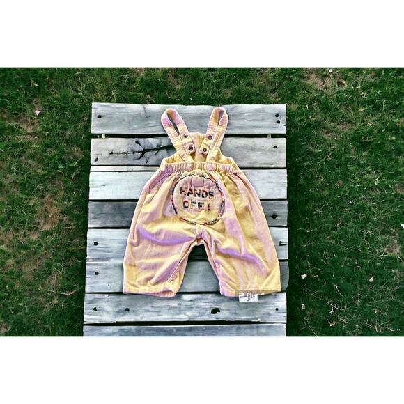 Vintage Kids Romper-Yellow Corduroy-Hippie-Overalls Embroidered 1960s-70s 3-6mon - Picture 1 of 6